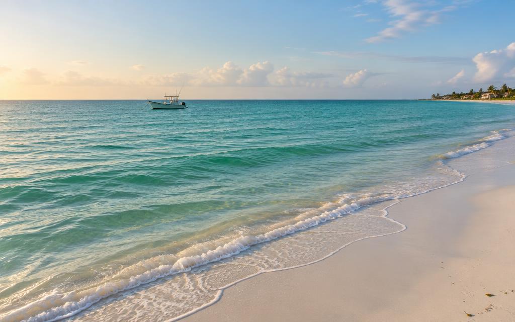 Calm emerald water and sandy shoreline at Chelem Beach